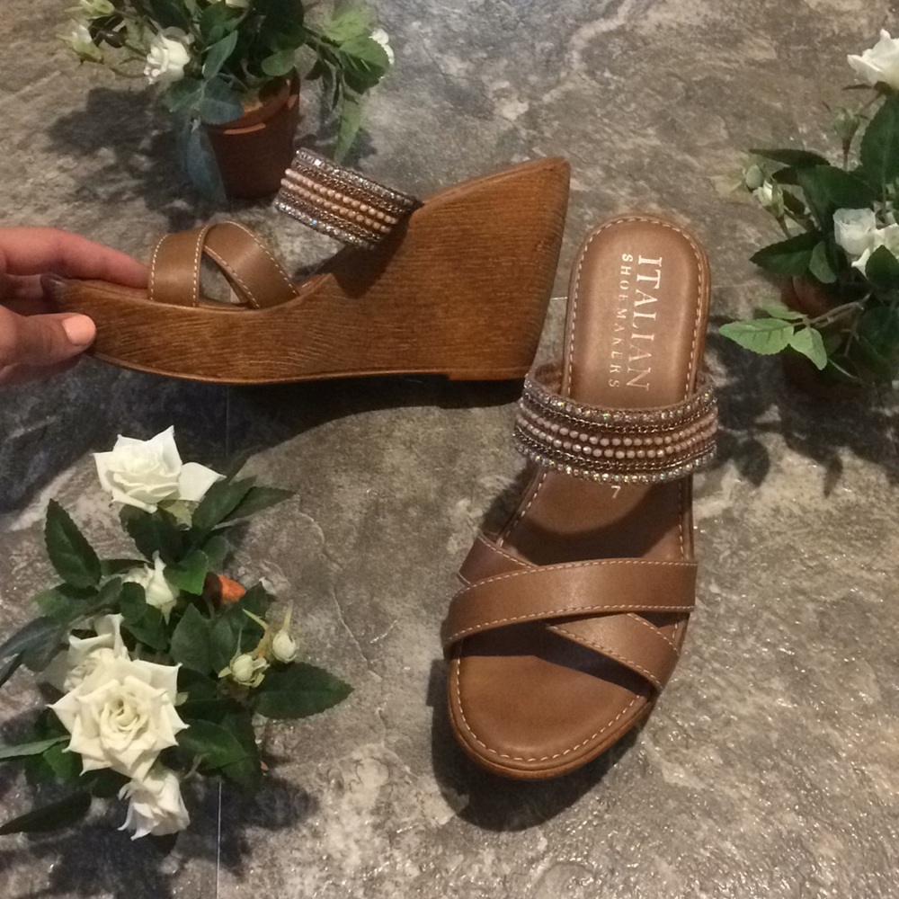 Light brown/tan beaded sparkle wedge heels.